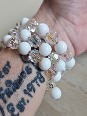 Vintage White and Aurora Borealis Crystal Beaded Memory Wire Bracelet